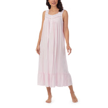 Beautiful sleeveless pink Eileen West Nightgown from Margaret Lawton with classic styling. Beautiful square neckline, with delicate Venise lace edging.  Six buttons in the front make it perfect for breast feeding.