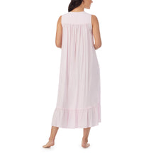 This is the back view of Beautiful sleeveless pink Eileen West Nightgown from Margaret Lawton Nightgowns with classic styling. Beautiful square neckline, with delicate Venise lace edging. 