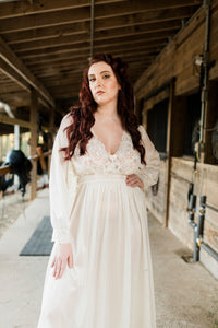 Beautiful, confident woman in champaign colored Shadowline Peignoir from Margaret Lawton Nightgowns. Lacey and gorgeous. Available from Margaret Lawton in black, red, champagne and shimmery silver.