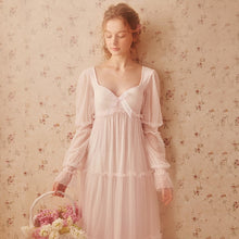 Detail of pretty sweetheart bodice and marie sleeves trimmed in lace on Margaret Lawton's Pretty Nightgown with Sheer Overlayer..