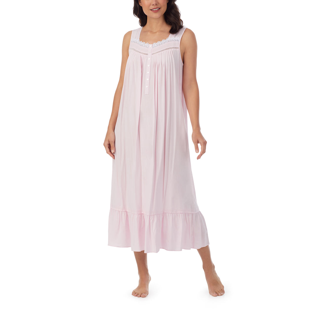 Beautiful sleeveless pink Eileen West Nightgown from Margaret Lawton with classic styling. Beautiful square neckline, with delicate Venise lace edging.  Six buttons in the front make it perfect for breast feeding.