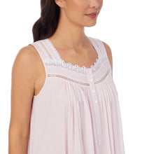 Close up view of the Beautiful sleeveless pink Eileen West NigClose up view of the beautiful square neckline, with delicate Venise lace edging on Eileen West Long Pink Ballet Nightgown from Margaret Lawton.  Six buttons in the front make it perfect for breast feeding.