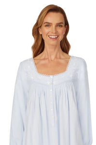 Detail view of the beautiful neckline of an ankle length Eileen West flannel nightgown. Roomy and oh-so-comfortable, made of 100% cotton flannel with beautiful details.  This pretty nightgown is available in XS to a XL and runs large.