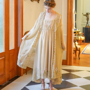 Gorgeous two piece organza gown trimmed in victorian embroidery. Spaghetti strap gown and transparent kimono sytle robe from Margaret Lawton Nightgowns.