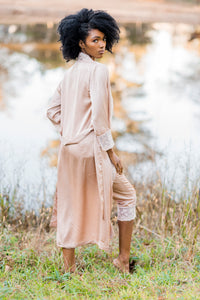 Back view of Margaret Lawton's Glamorous Lavender Satin Pajamas. Satin lace trimmed robe falls lower-mid calf.  Smooth Satin, trimmed in elegant lace, these pajamas are expertly constructed with love.