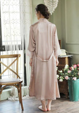 Back view of Margaret Lawton's Glamorous Lavender Satin Pajamas. Satin lace trimmed robe falls lower-mid calf. Smooth Satin, trimmed in elegant lace, these pajamas are expertly constructed with love.