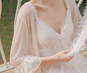 Detail of lace bodice and chiffon robe from Margaret Lawton Nightgowns.