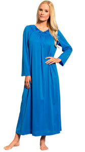 Fun Shadowline® ankle-length nightgown from Margaret Lawton with long sleeves. It's pretty and easy to live in. Vibrant color (blue or orchid) and a sweeping bodice, with a pretty enhanced neckline that's adorned with lovely stitched flowers, this nightgown is a comfortable everyday go-to with a feminine touch to make you feel pretty. If you like layers, it's perfect because it's roomy with a little stretch.