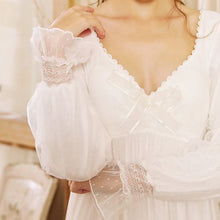 Detail of exquisite cuff on the marie sleeves of Margaret Lawton's Pretty Nightgown with sheer overlay.
