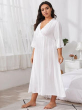 Soft and feminine, this pretty, lightweight nightgown is easy to wear and looks beautiful on everybody. Featuring a deep V-neck trimmed in soft lace, and beautiful three-quarter lacey flounce sleeves that provide upper arm coverage. A slanted empire waist provides a flattering look. Princess-length and plenty of moving room this lovely nightgown an all-time favorite. 