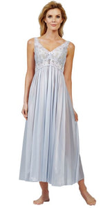 Shimmery Silver Lace-Bodice Ankle Length Nighgown. Made with shimmery, silky Satintrique® fabric made in the USA, this beautiful vintage-inspired long nightgown from Velrose-Shadowline feels and looks amazing. Lightweight and airy skirt and sleeves, with a beautiful European stretch lace that delicately covers the bust, cuffs, and shoulders. Perfect bridal or trousseau gift. Fits true to US sizes. Best for cup size DD or smaller. You will never want to take it off.