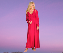 Beautiful red vintage-inspired peignoir from Velrose-Shadowline feels and looks amazing. Lightweight and airy skirt and sleeves, with a beautiful European stretch lace that delicately covers the bust, cuffs, and shoulders. Available from Margaret Lawton in black, red, champagne and shimmery silver. Available from Margaret Lawton in black, red, champagne and shimmery silver. Available from Margaret Lawton in black, red, champagne and shimmery silver.