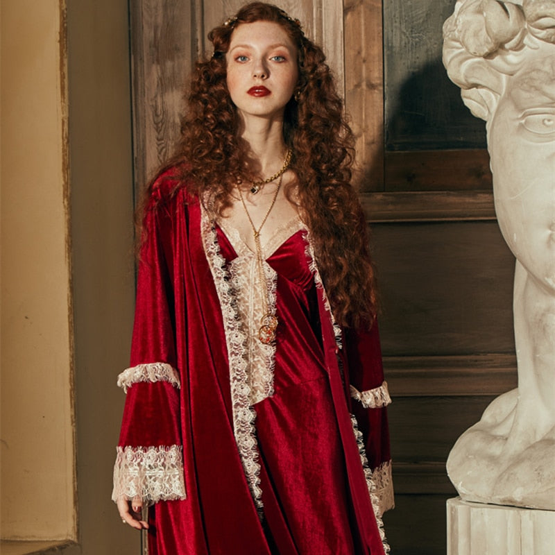 Image of a woman wearing the Ruby Red Margaret Lawton Glamorous Nightgown set. 