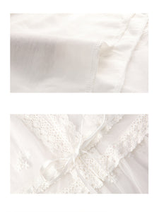 Details of lace workmanship and fabric layers in elegant bridal nightgown.
