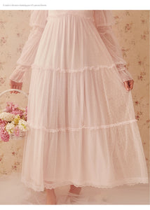 Details of tiered skirt and marie sleeves on Margaret Lawtons elegant Pretty Nightgown with Sheer Overlay.